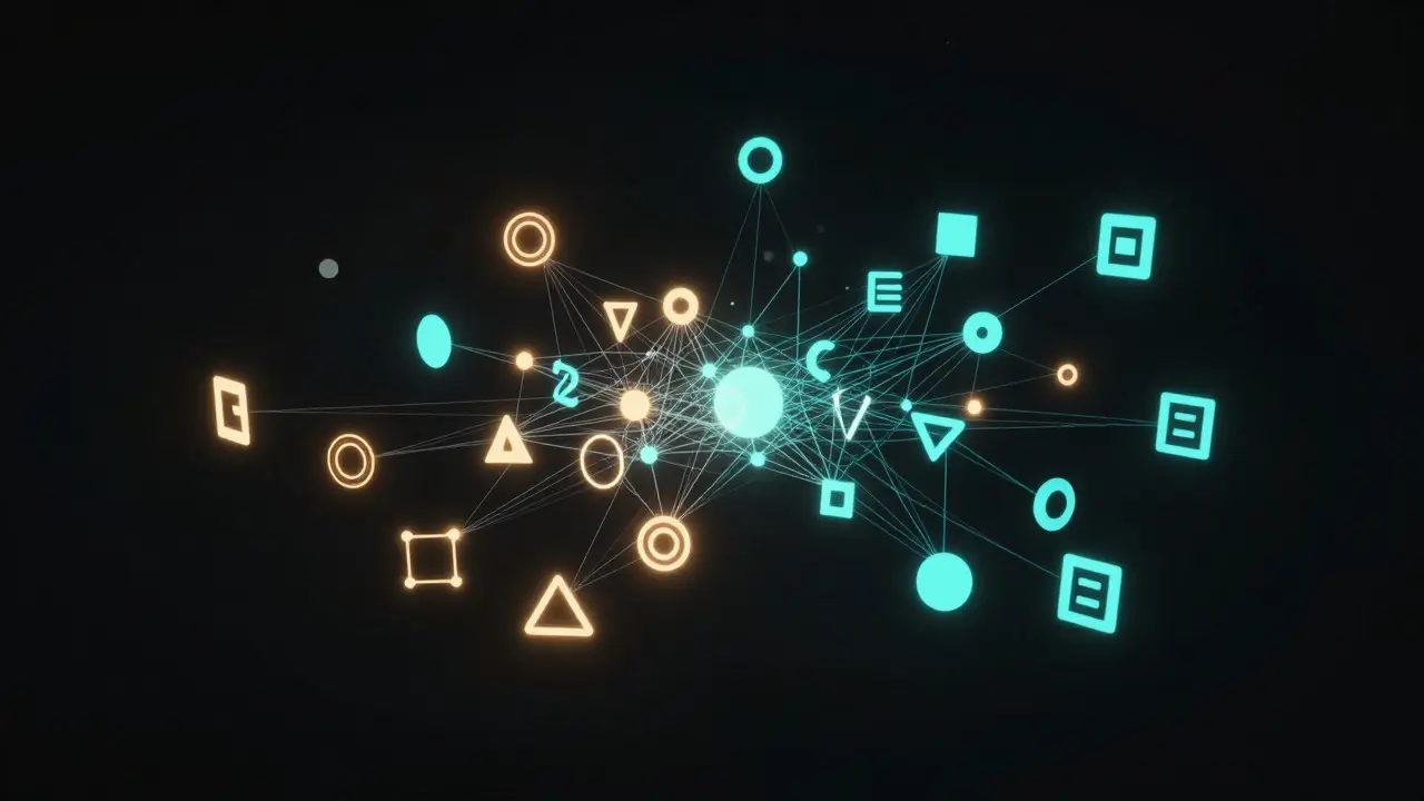 Abstract glowing network of geometric shapes representing a component library