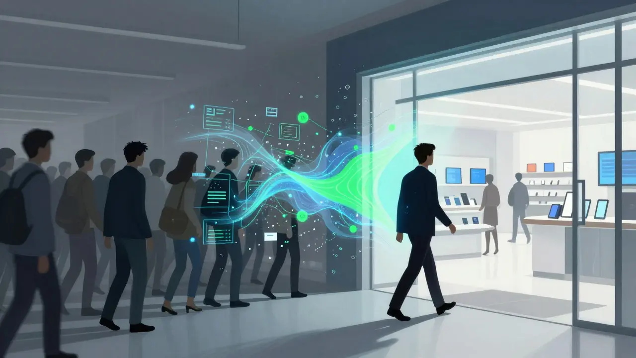 Abstract illustration contrasting a crowded traditional queue with a calm, data-driven modern store