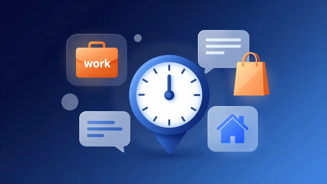 Abstract illustration of a clock and location pin with activity icons, showing context-aware notification timing.