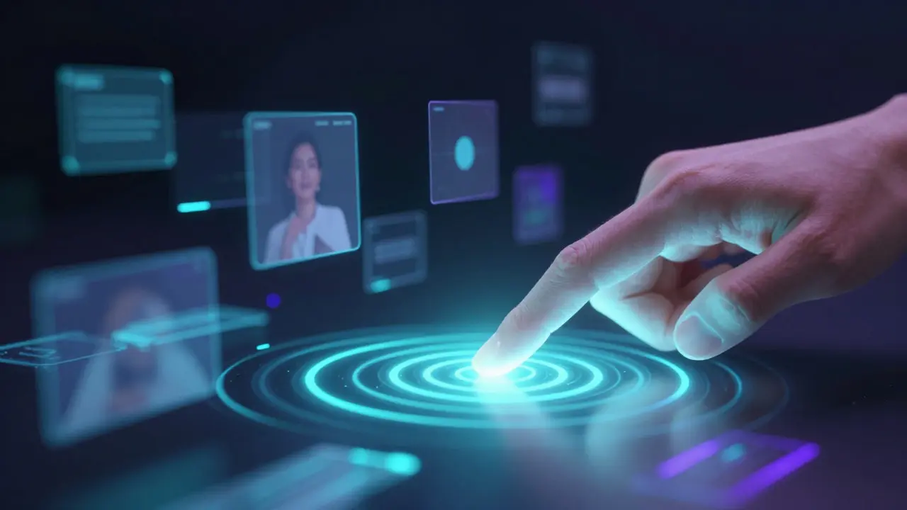 Abstract illustration of a finger pressing a digital surface with glowing haptic ripples