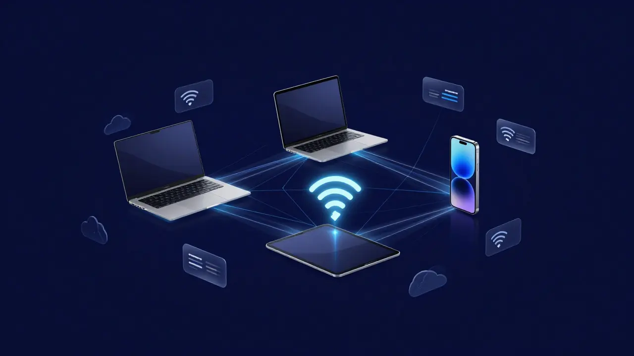 Abstract illustration of devices connected by glowing data streams