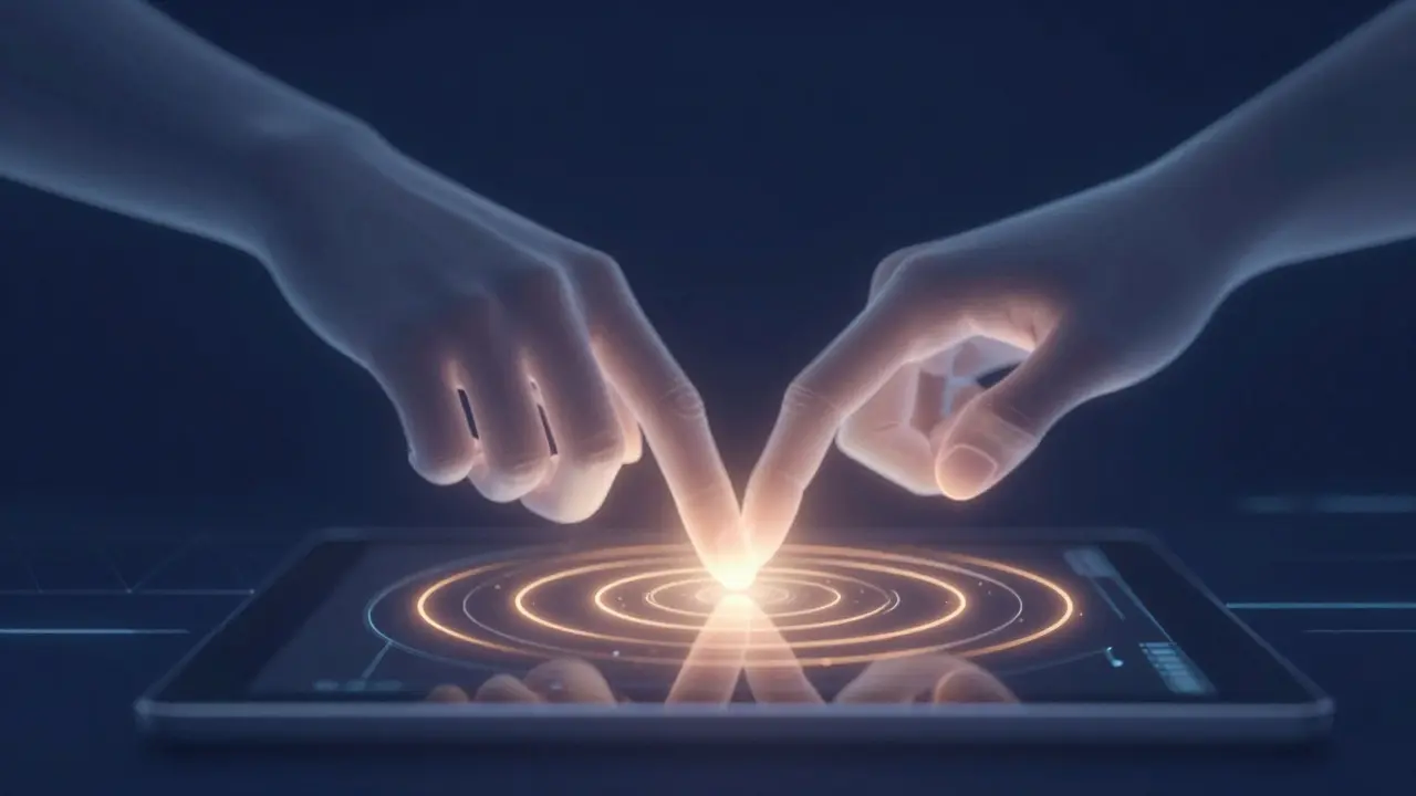 Abstract illustration of hands pressing a surface with pulsing amber light rings indicating haptic feedback