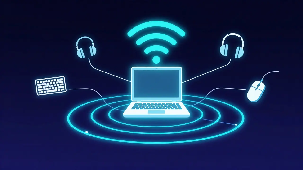 Abstract illustration of wireless signals connecting to devices around a laptop