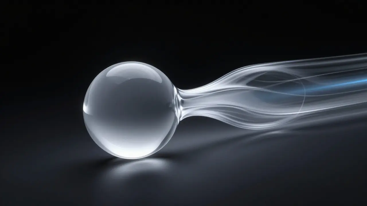 Abstract visualization of a streamlined glass shape moving quickly in a dark space