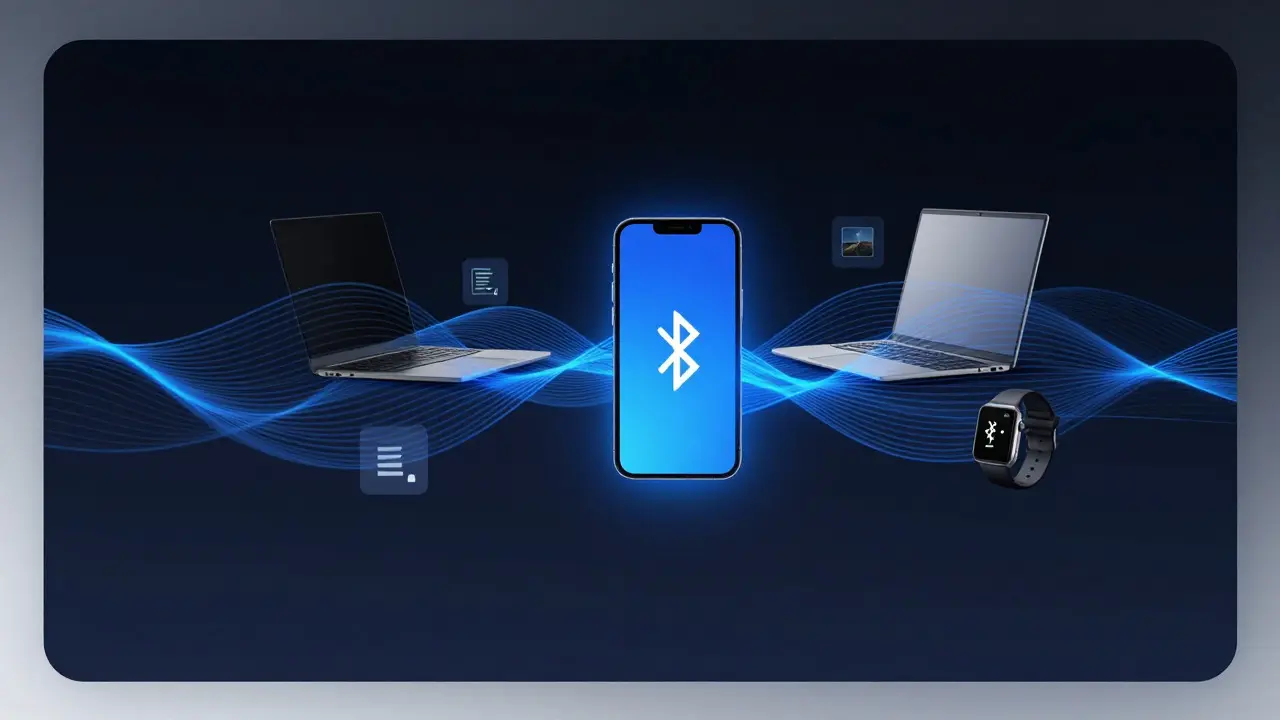 Abstract visualization of Bluetooth signals connecting Apple devices for data sync