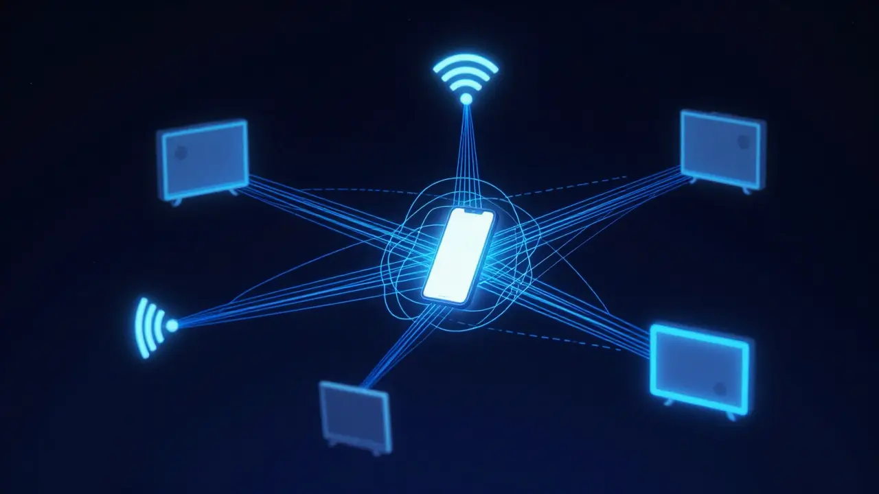 Abstract visualization of Wi-Fi device discovery and connection status