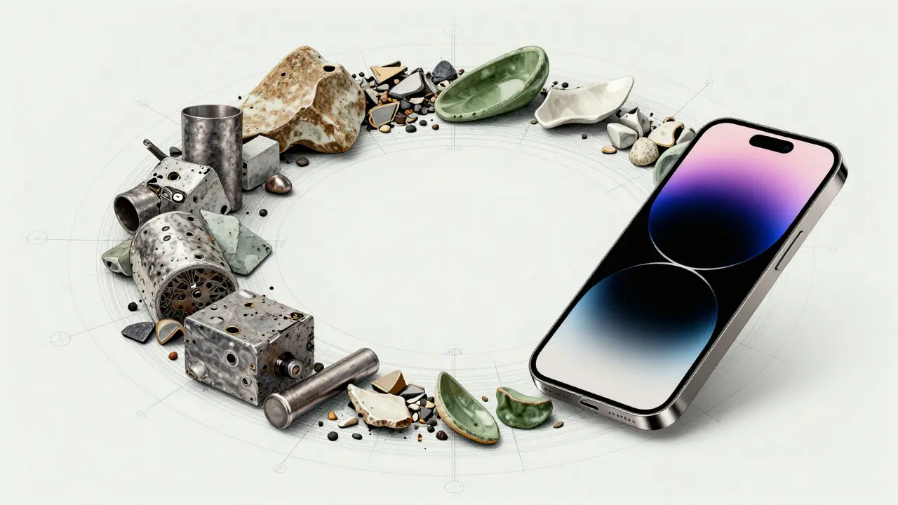 Artistic depiction of recycled materials transforming into a sustainable modern smartphone