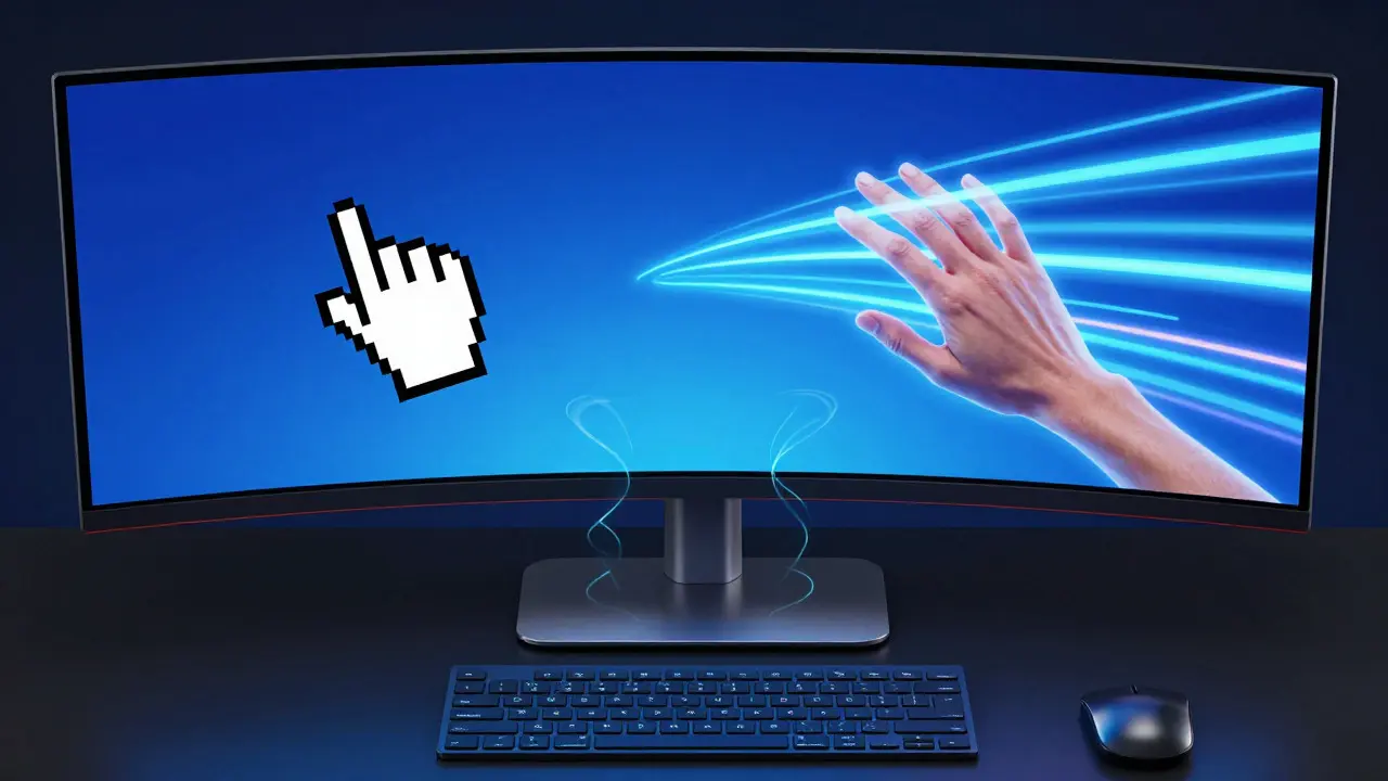 Artistic visualization of mouse clicks and trackpad gestures interacting with a wide monitor