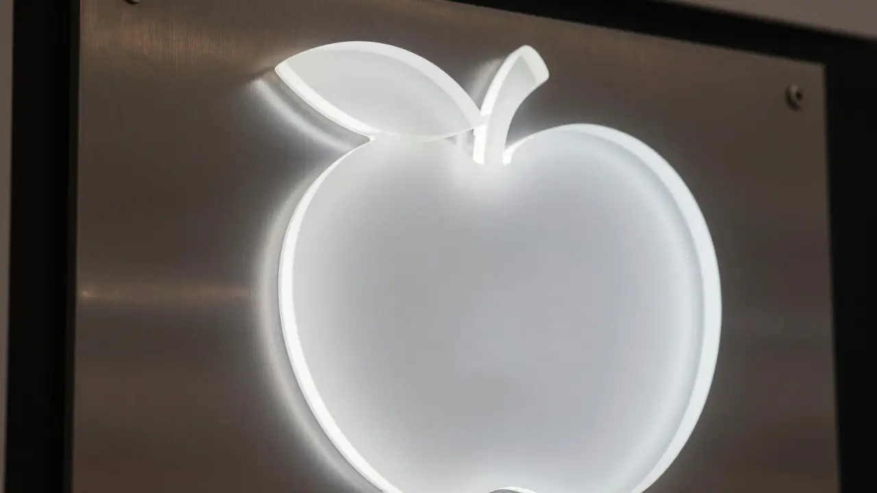 Close-up of a backlit acrylic apple logo on brushed aluminum