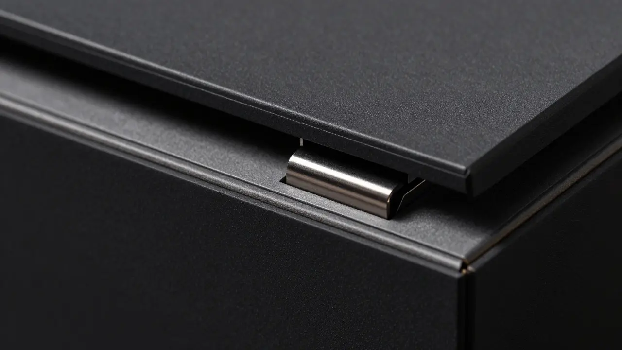 Close-up of a black soft-touch box with a magnetic closure detail