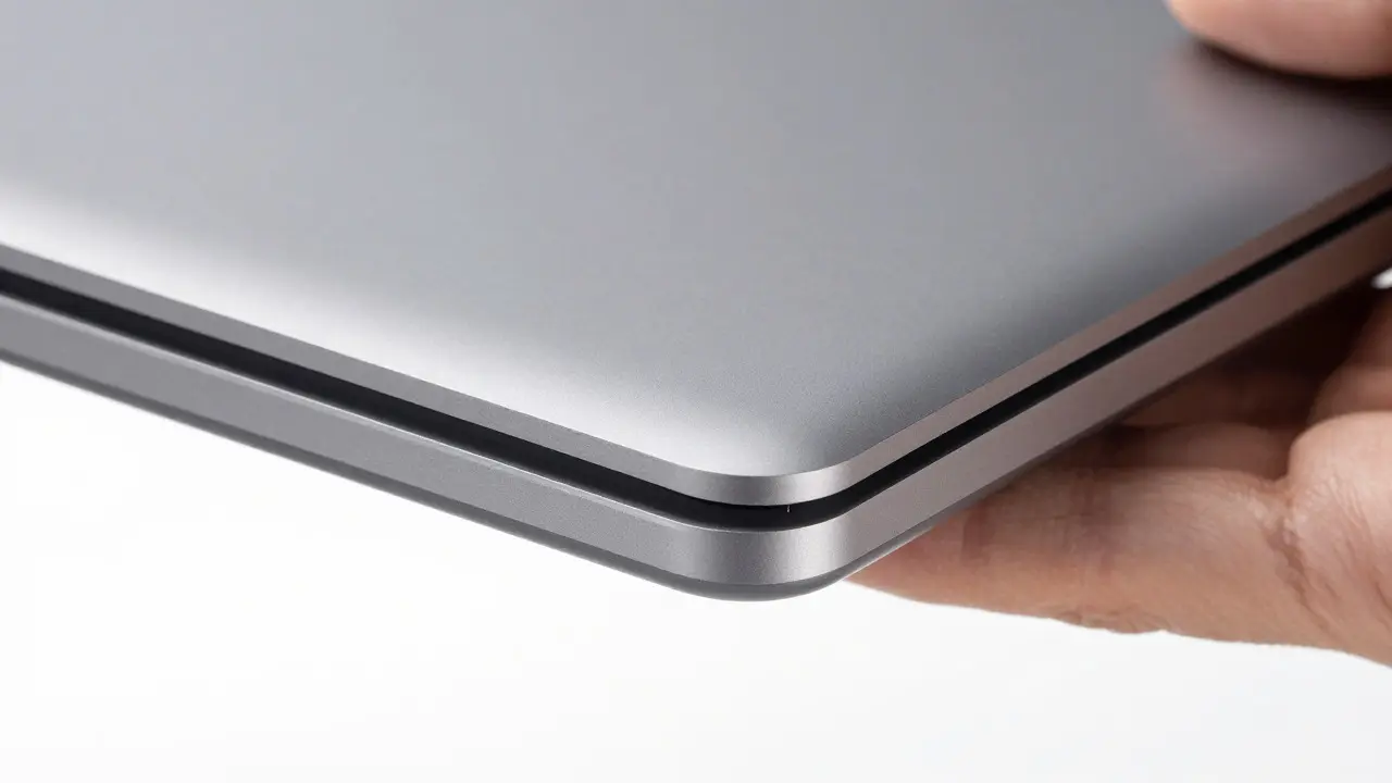 Close-up of a hand closing a seamless aluminum laptop lid showing precise alignment