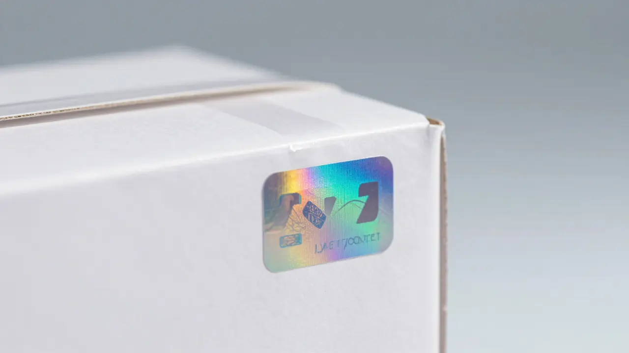 Close-up of a holographic sticker and plastic seal on a product package