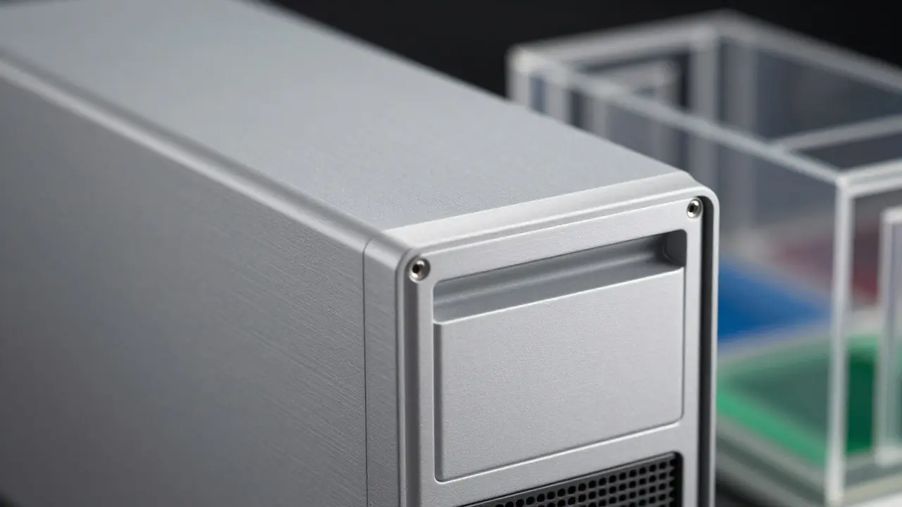 Close-up of a platinum gray Power Mac G3 tower with blurred colorful translucent parts behind it