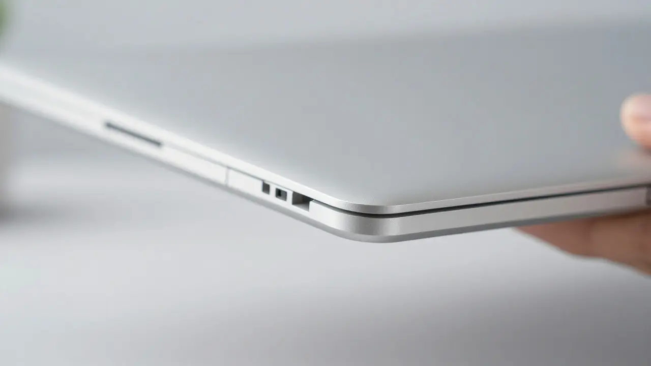 Close-up of a rigid silver laptop hinge showing seamless aluminum construction