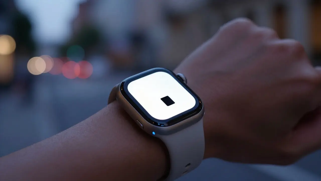 Close-up of a smartwatch waking up instantly as the wrist is raised in a city.