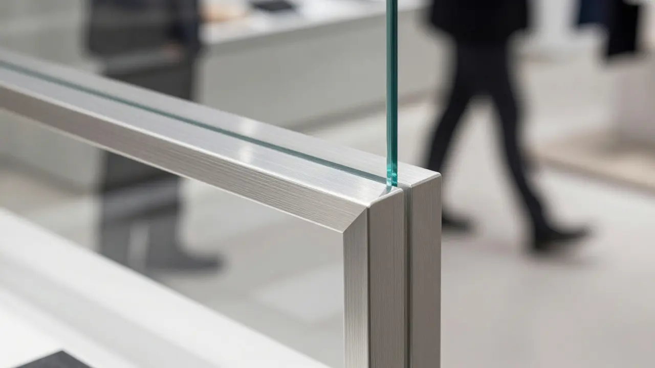 Close-up of brushed aluminum fixtures and clear glass partitions in a high-end retail setting