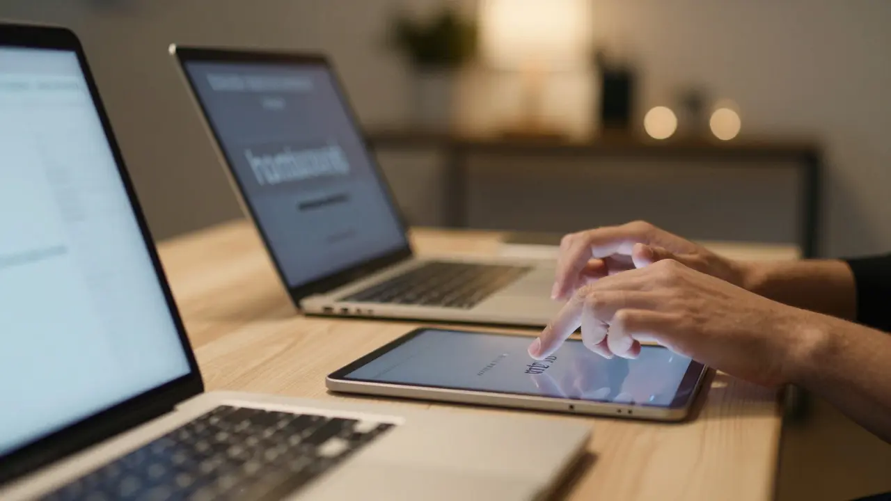 Close-up of hands typing on an iPad with a blurred laptop screen in the background