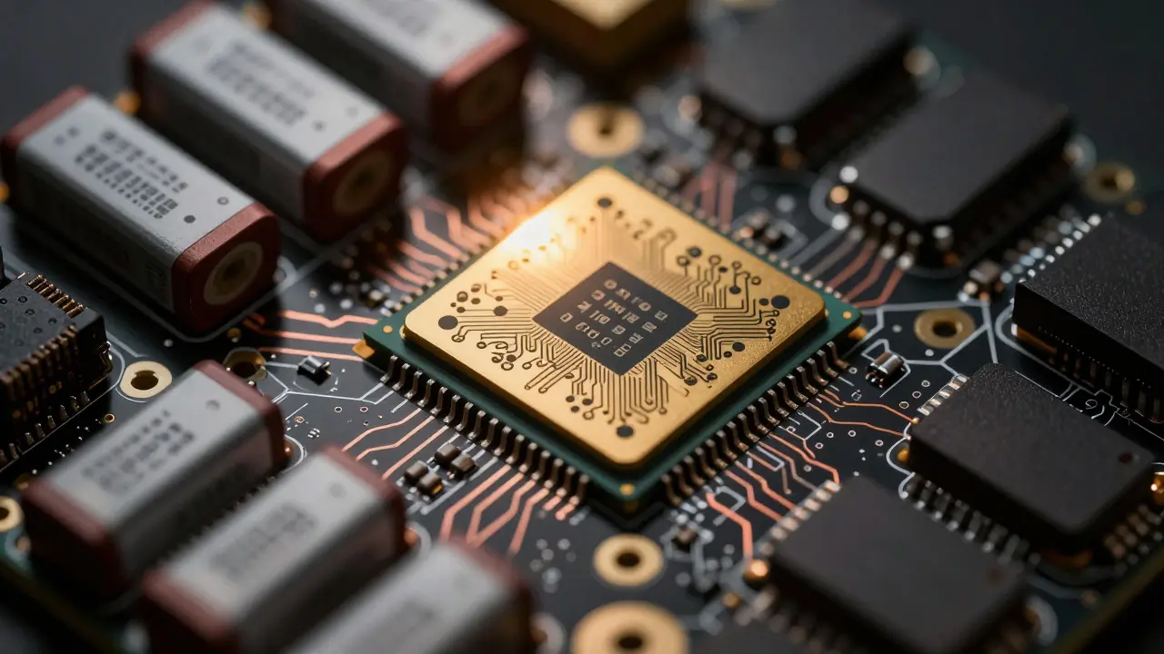 Close-up of modular computer internals highlighting a central neural engine chip