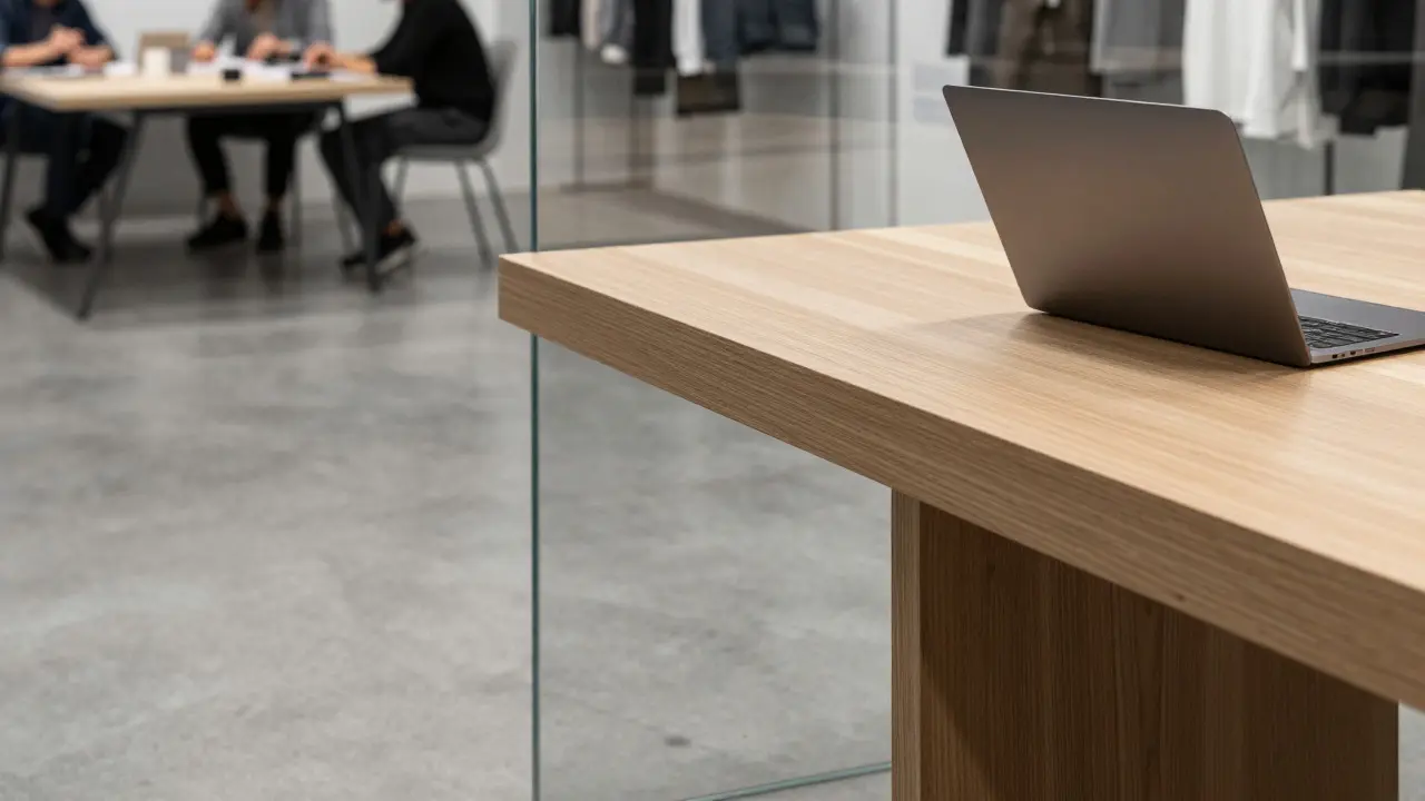 Close-up of polished concrete, wood, and glass materials in a modern retail space
