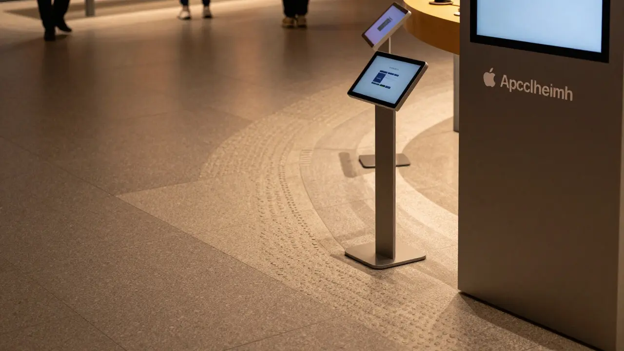 Close-up of textured flooring and adjustable-height screens in an Apple Store
