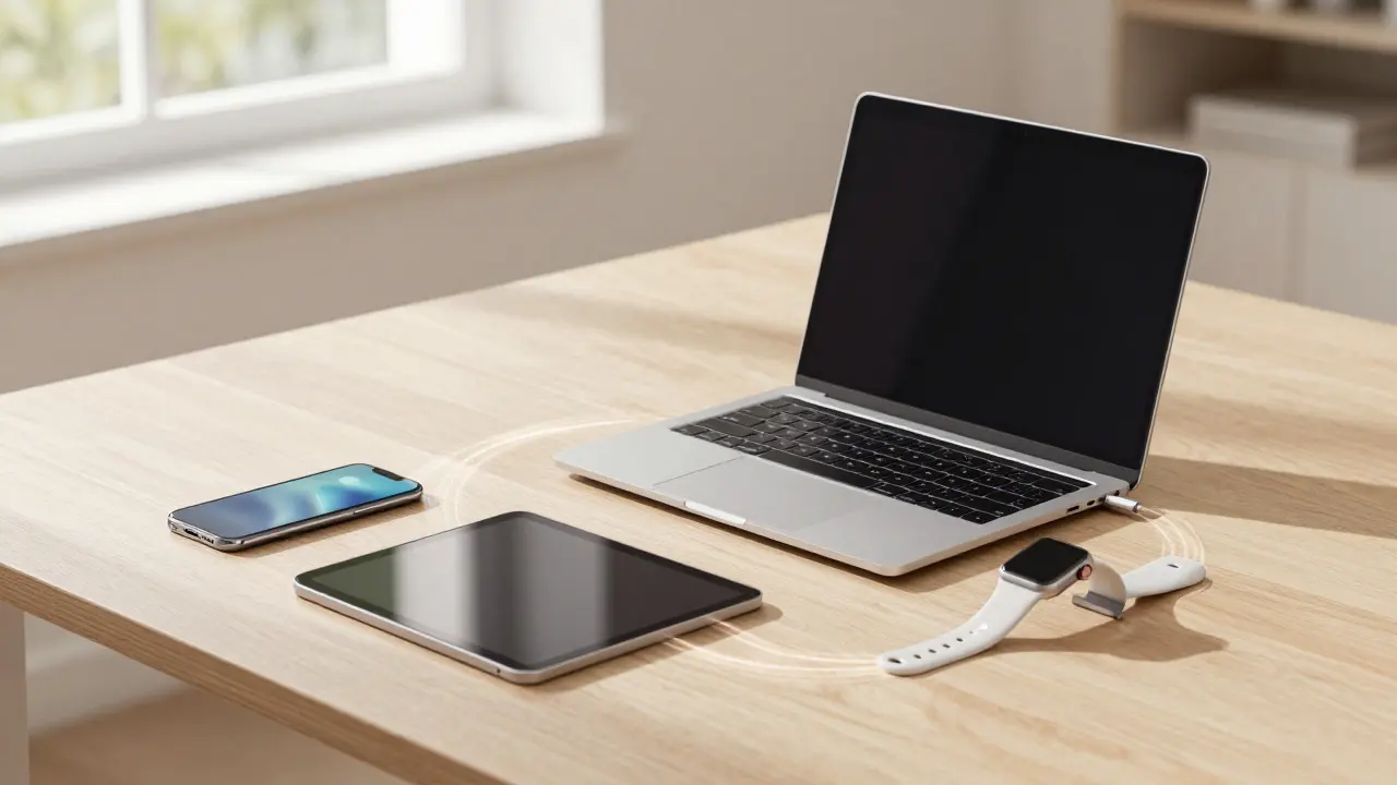 Cluster of Apple devices on a desk connected by light trails, symbolizing a seamless and integrated ecosystem