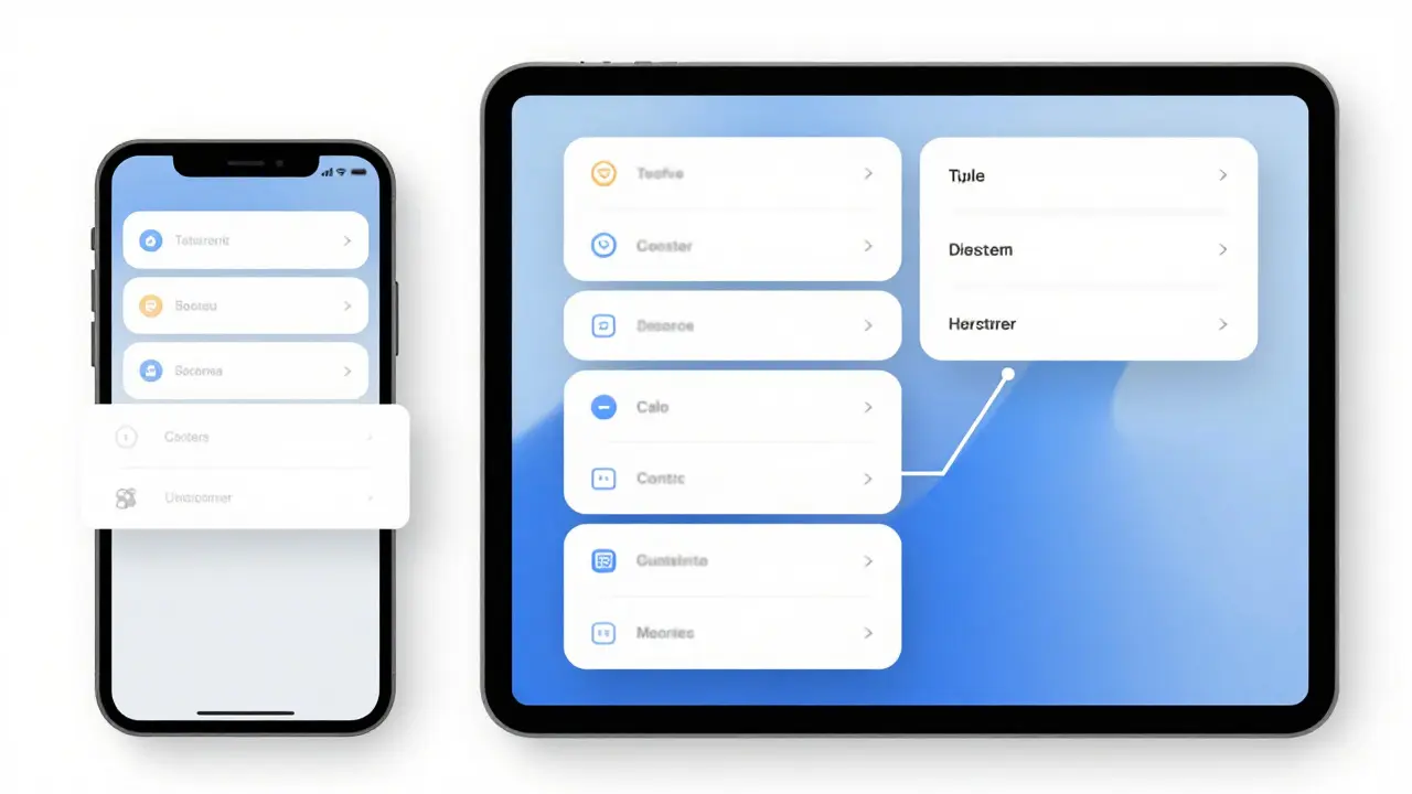 Comparison of context menu layouts on a small phone screen and a large tablet screen