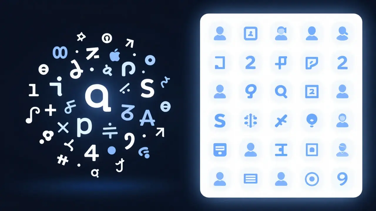 Conceptual art contrasting chaotic abstract icons with organized labeled interface elements