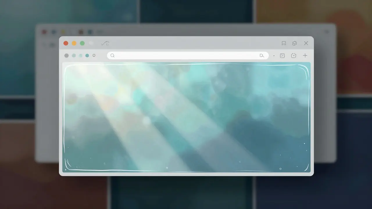 Conceptual art of a glossy, water-like digital window floating over a colorful abstract scene