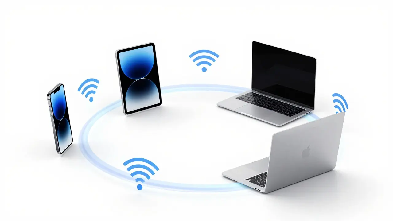 Conceptual art of light connecting iPhone, iPad, and MacBook representing seamless data sync
