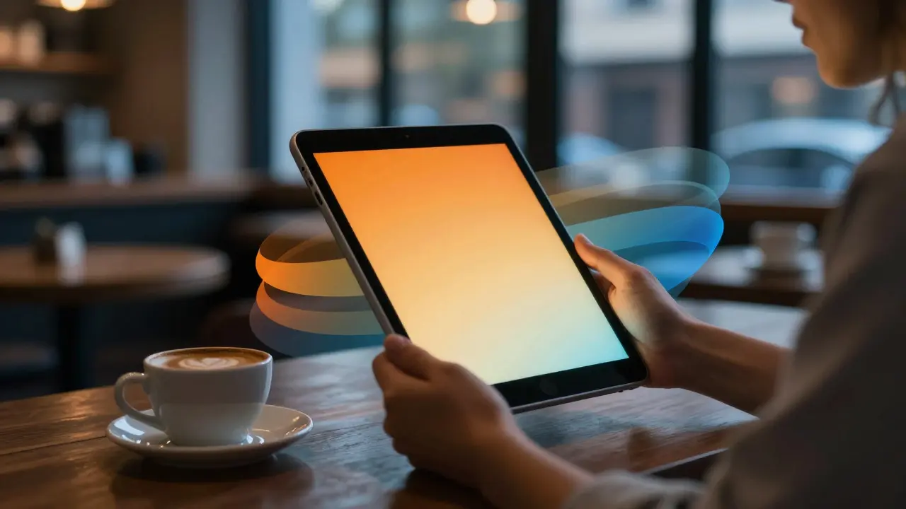 Conceptual art showing an iPad screen adjusting warmth in a dim coffee shop