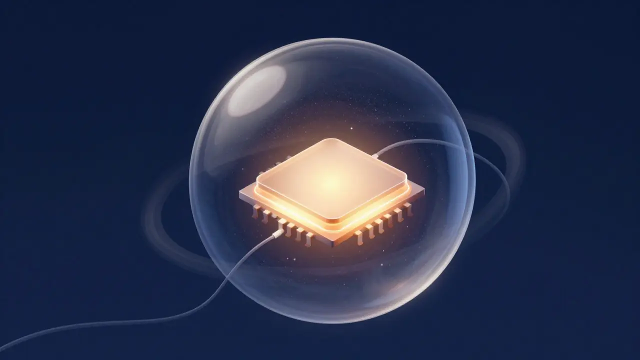 Conceptual illustration of a glowing chip inside a protective sphere representing on-device AI privacy