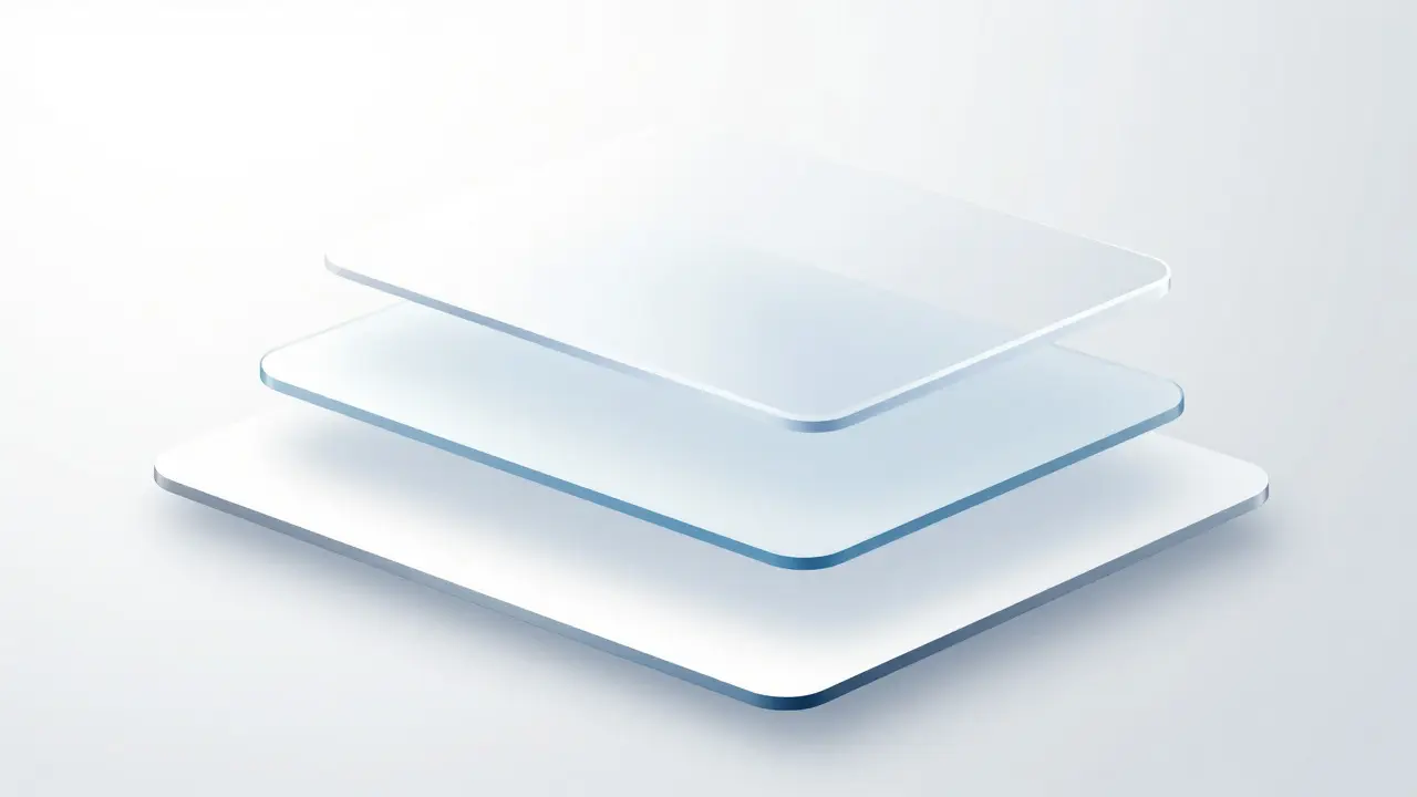 Conceptual illustration of three stacked UI panels with varying levels of transparency and blur