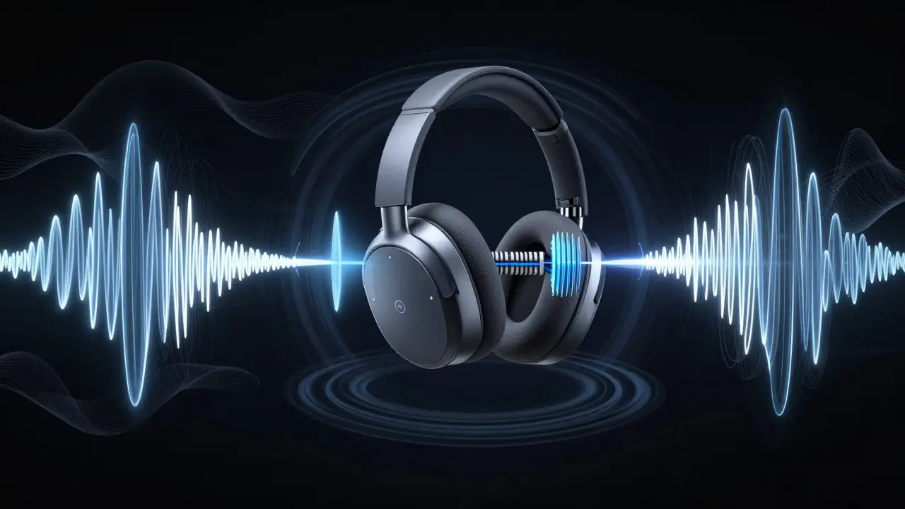 Conceptual illustration showing internal haptic components and abstract vibration waves inside a headphone