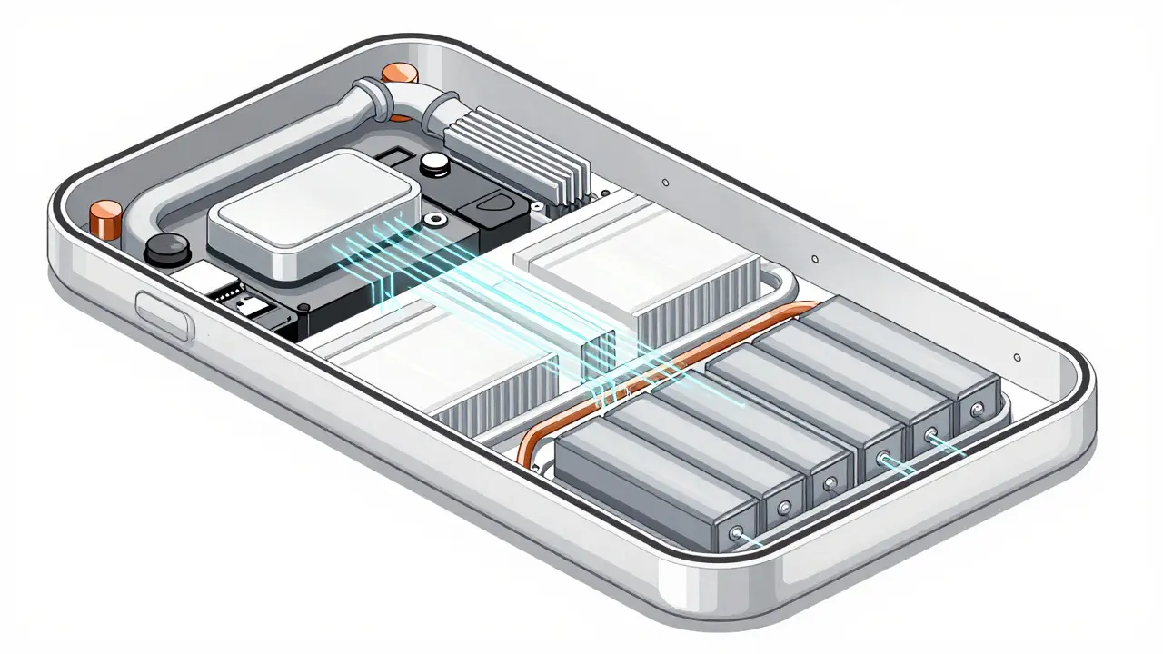 Cross-section illustration of electronic device internals showing heat pipes and component layout.
