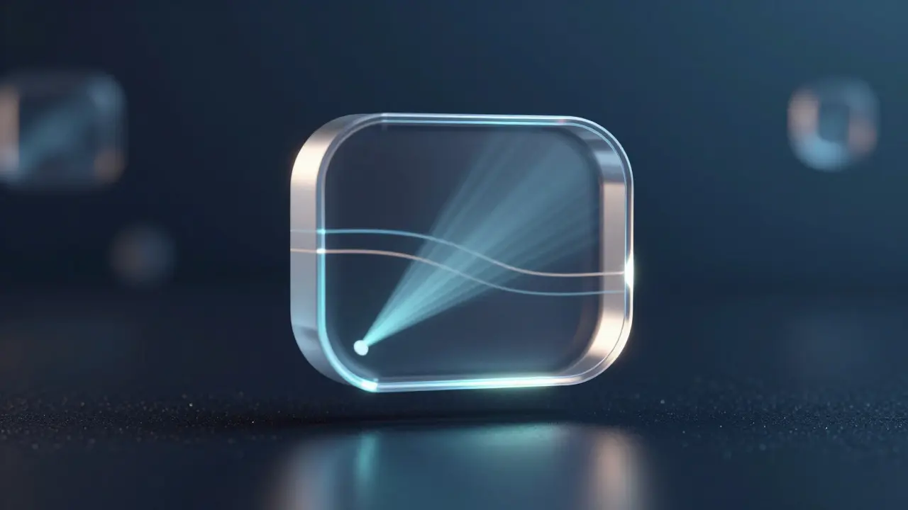 Cross-section render of a glass icon showing internal light refraction and caustic edges