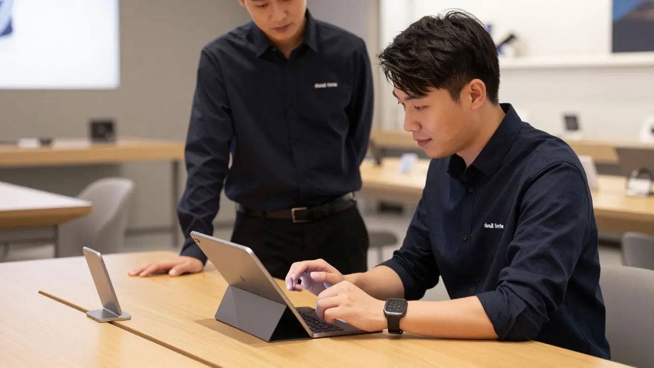 Customer exploring a tablet at a table while a specialist observes nearby
