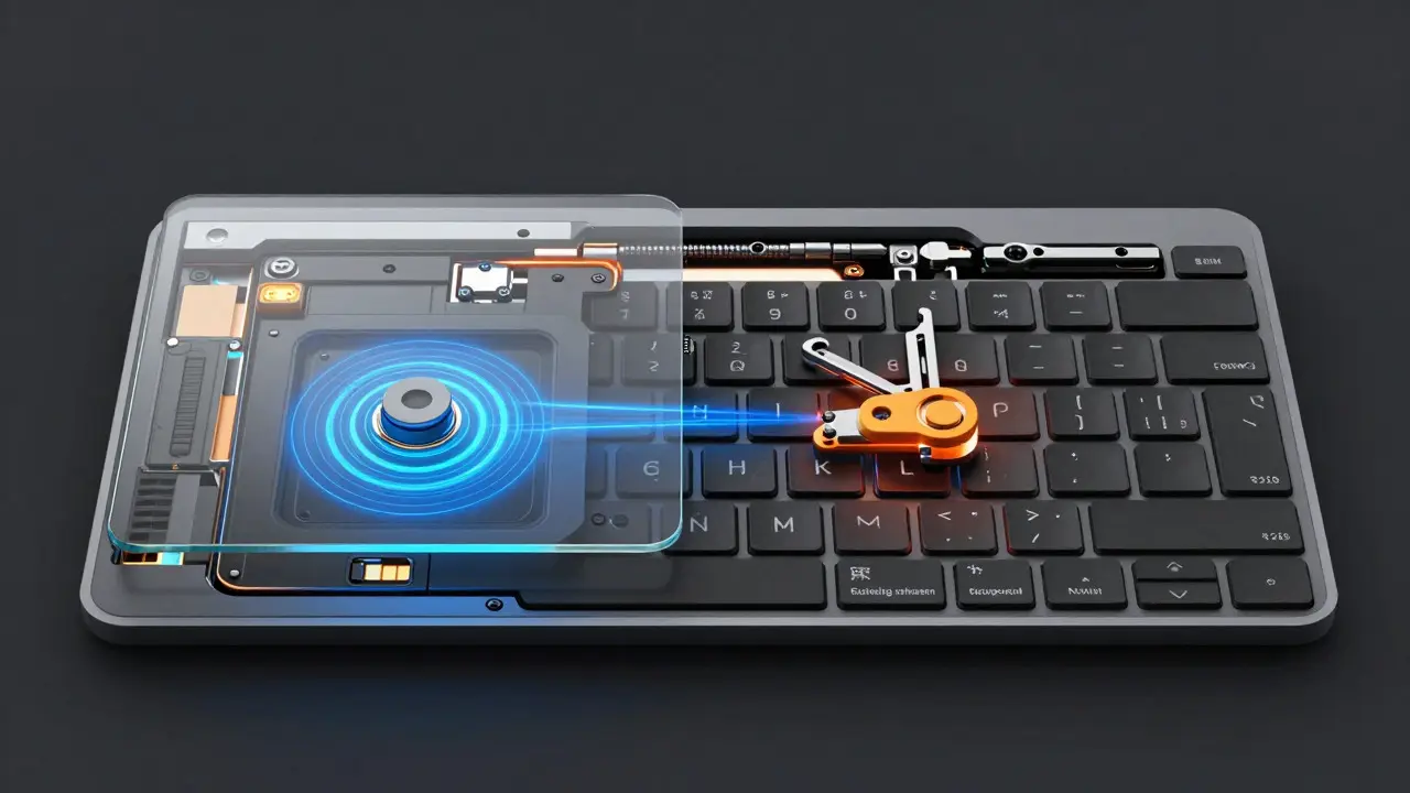 Cutaway view of MacBook trackpad and keyboard mechanisms