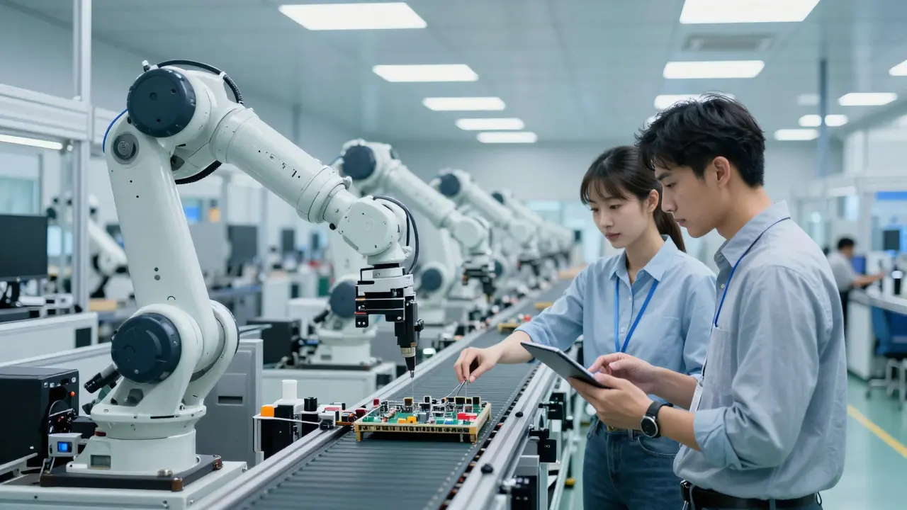 Designer observing robotic arms assembling electronics on a clean, automated factory floor.