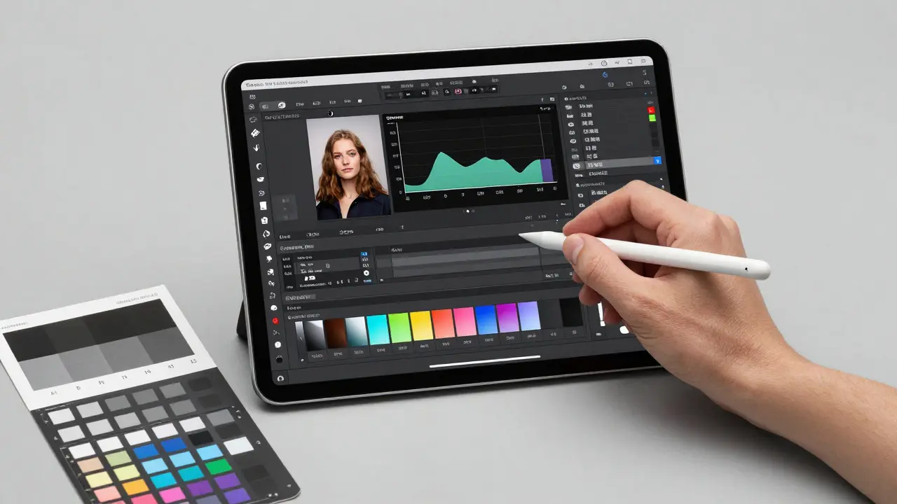 Designer using an iPad with physical color charts for accurate photo editing