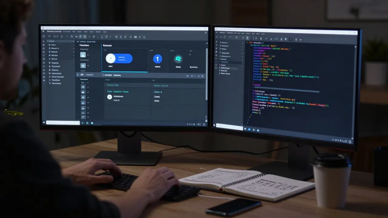Designer workspace with monitors showing UI components and code for font implementation