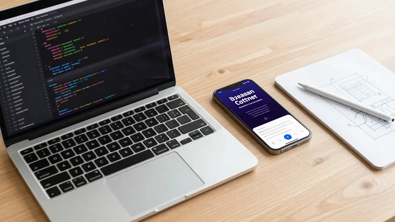Developer workspace with laptop and phone displaying dynamic type testing