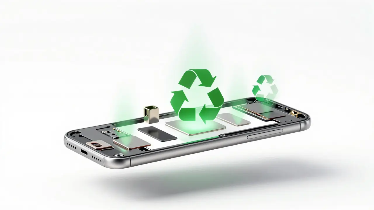Disassembled phone parts illustrating modular and sustainable design