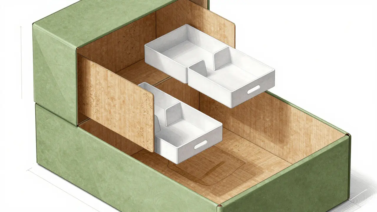 Exploded view illustration of a multi-functional eco-friendly box structure