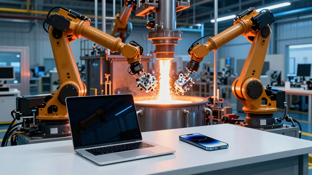 Futuristic factory sorting aluminum scrap with finished electronics in the foreground
