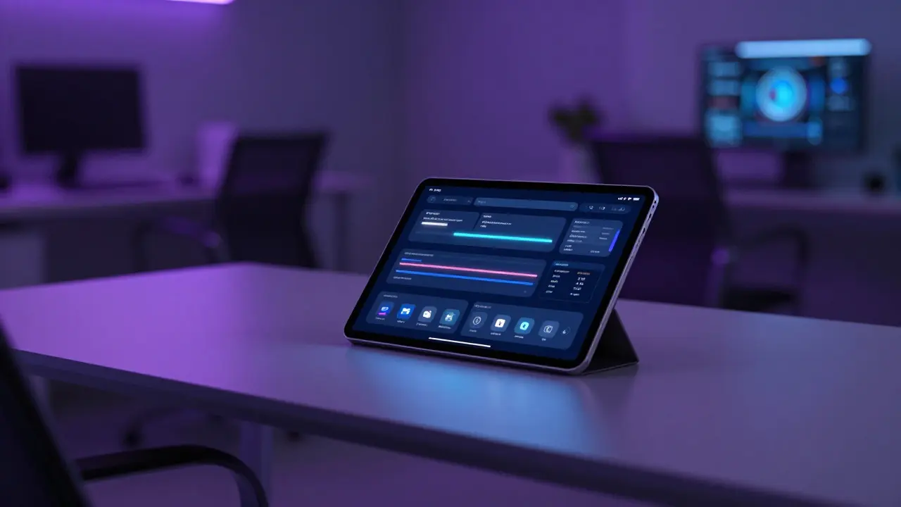 Futuristic tablet on a desk with a glowing interface in a dimly lit, ambient-lit workspace