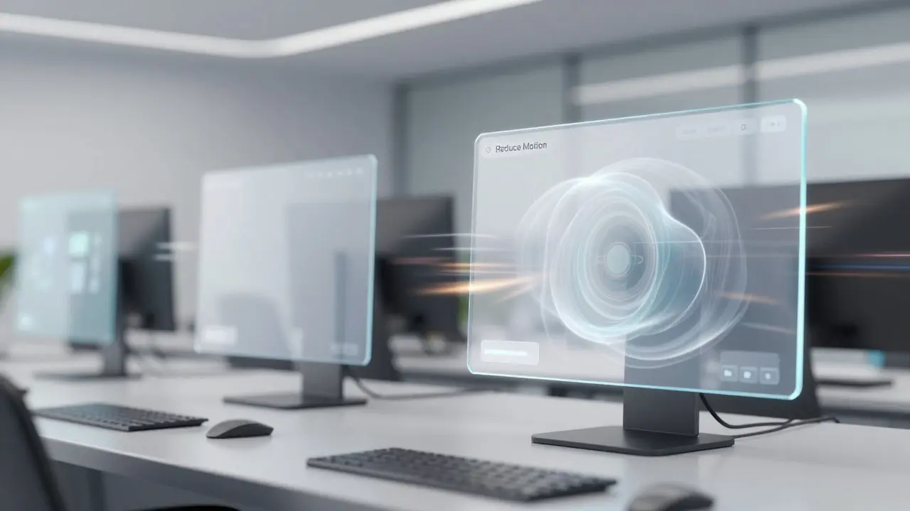 Futuristic workspace displaying Liquid Glass interfaces with varied transparency levels for accessibility