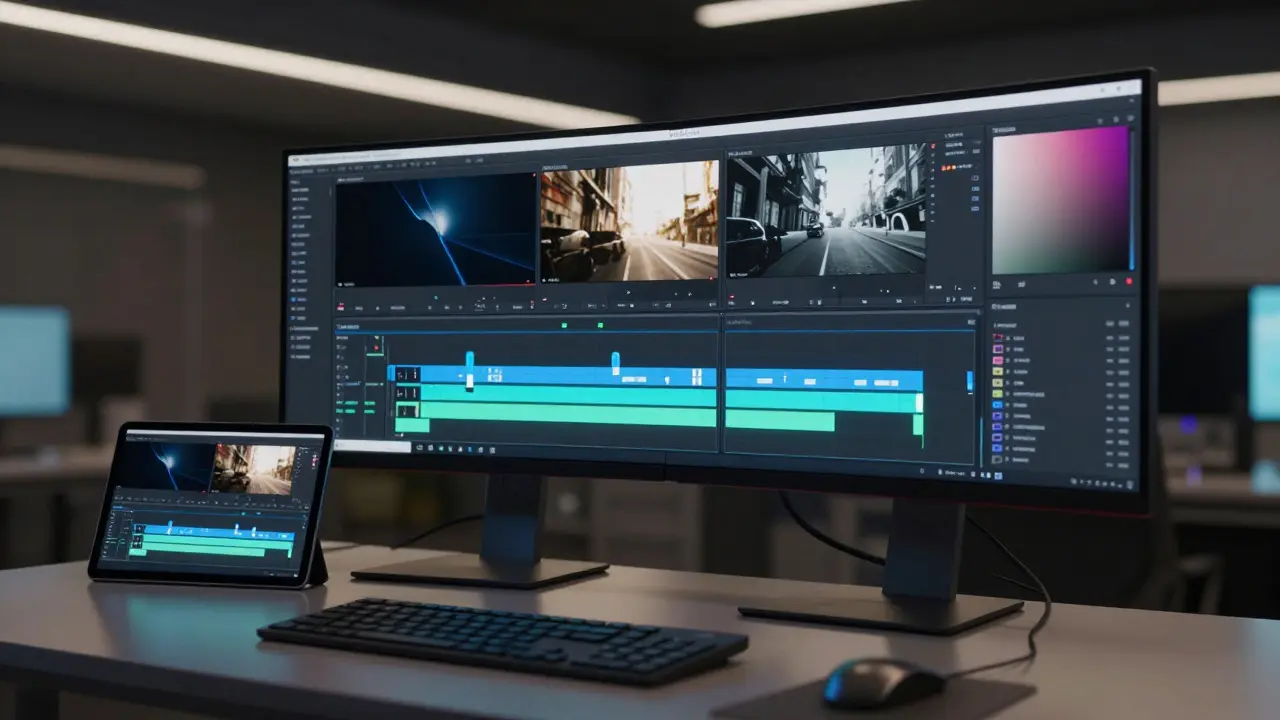 Futuristic workspace with monitors displaying dynamic, context-aware glass interfaces