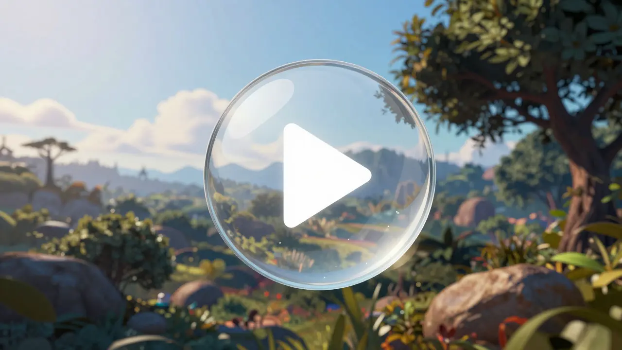 Glass play button adapting transparency over a colorful video background