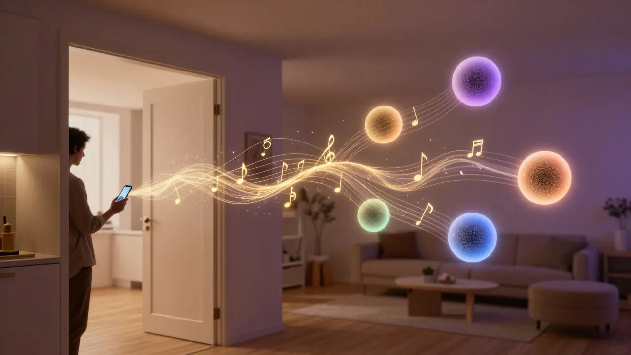 Golden audio streams flowing from phone to multiple smart speakers