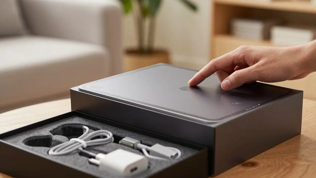 Hand closing a premium charcoal box containing a tablet in a living room